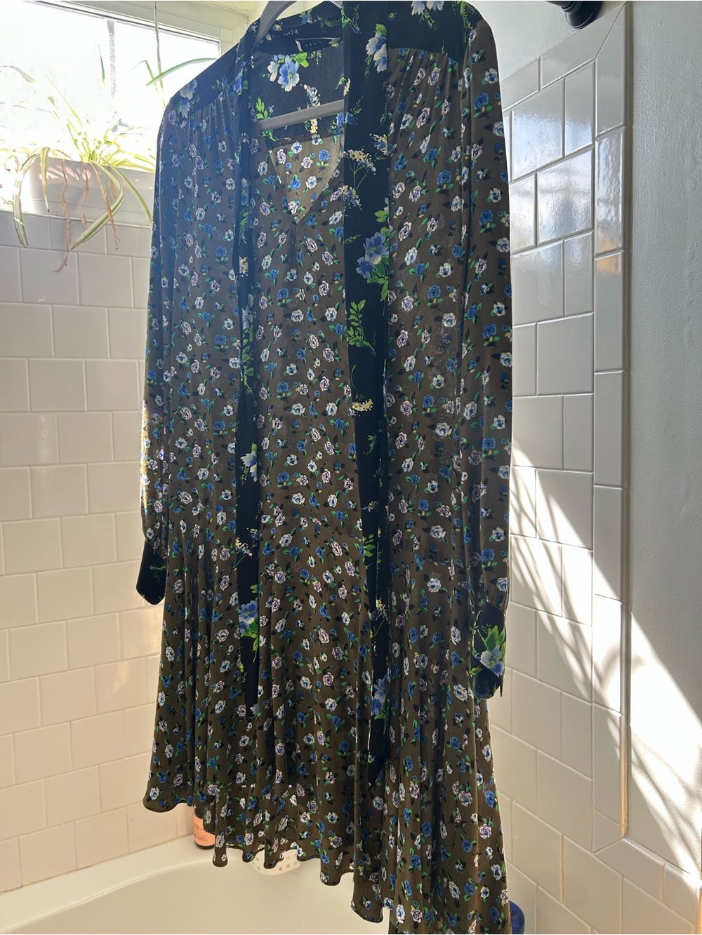 Sandro Black Floral Long-Sleeve Tiered Dress midi drop waist, olive green blue